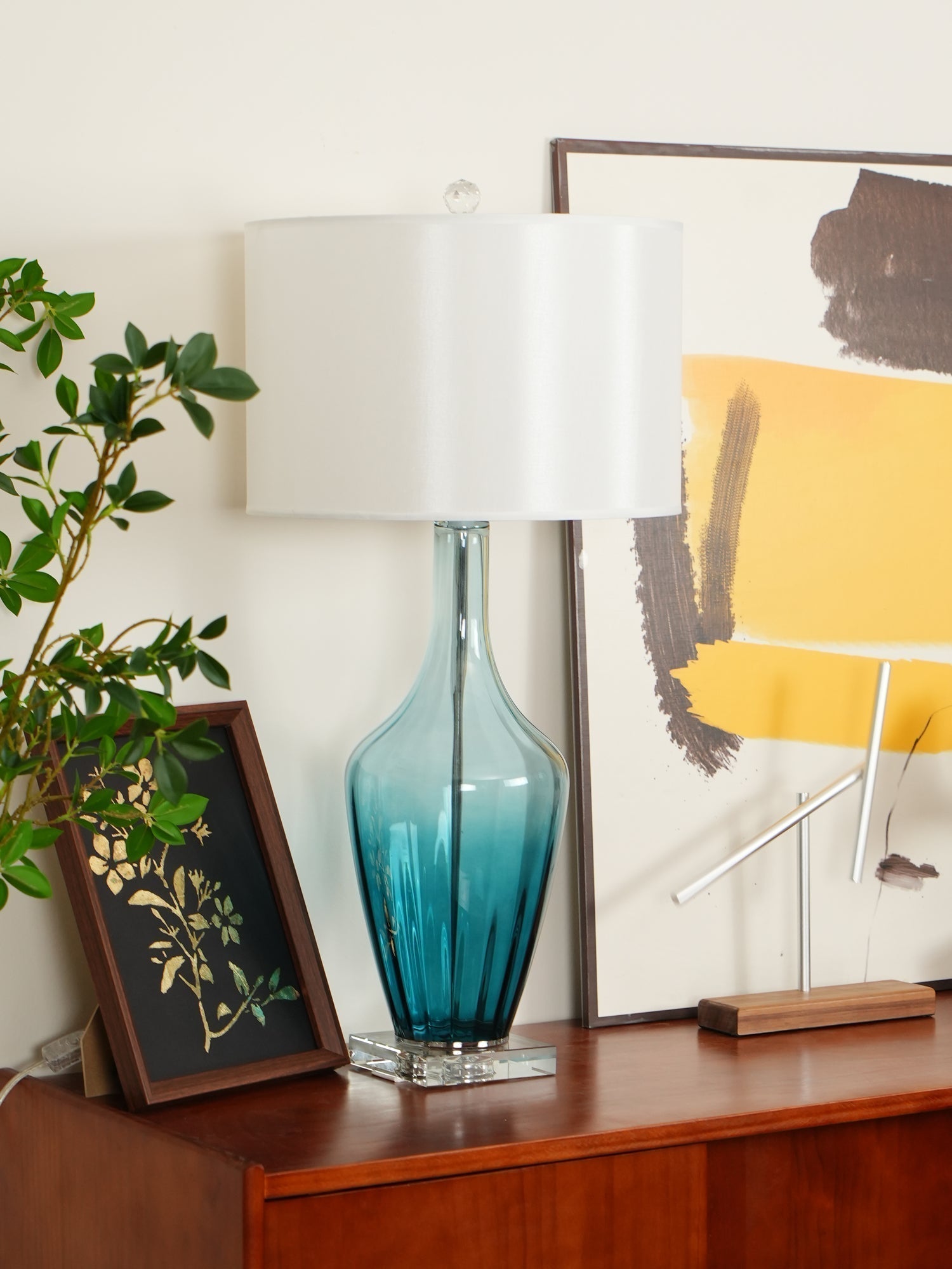 Modern Azure Blue Glass Table Lamp with Crystal Accents and Beige Linen Drum Shade
