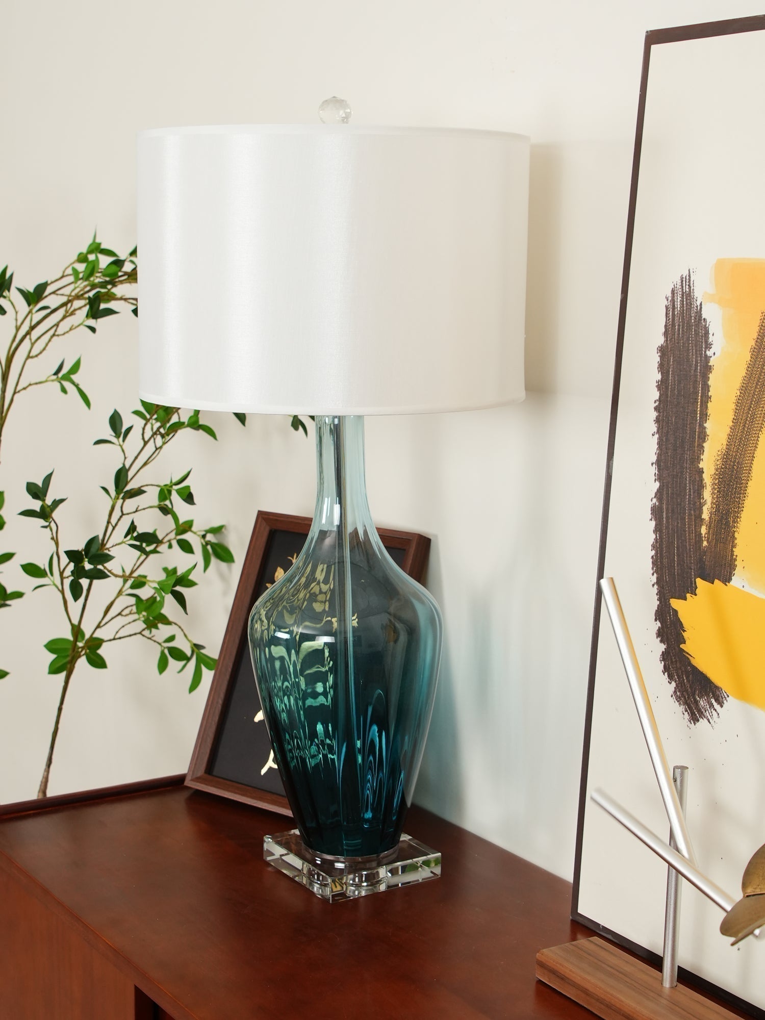 Modern Azure Blue Glass Table Lamp with Crystal Accents and Beige Linen Drum Shade