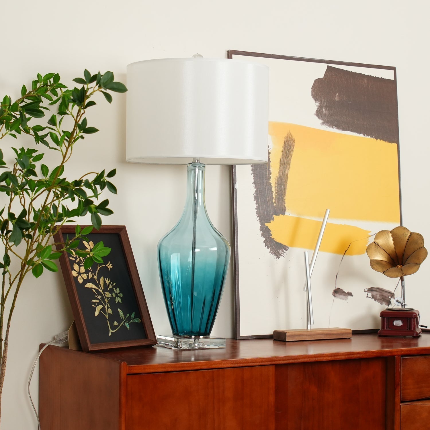Modern Azure Blue Glass Table Lamp with Crystal Accents and Beige Linen Drum Shade
