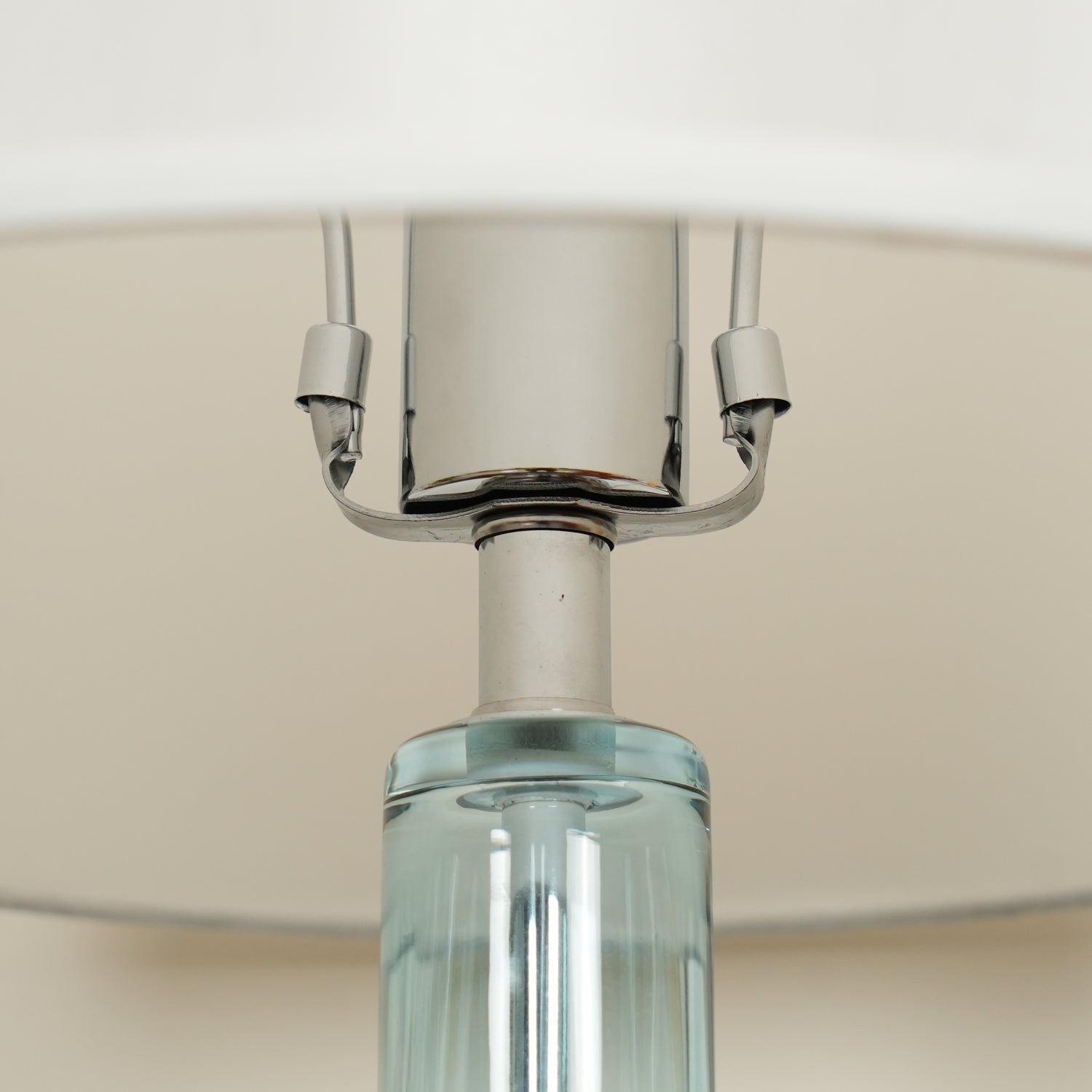Modern Azure Blue Glass Table Lamp with Crystal Accents and Beige Linen Drum Shade