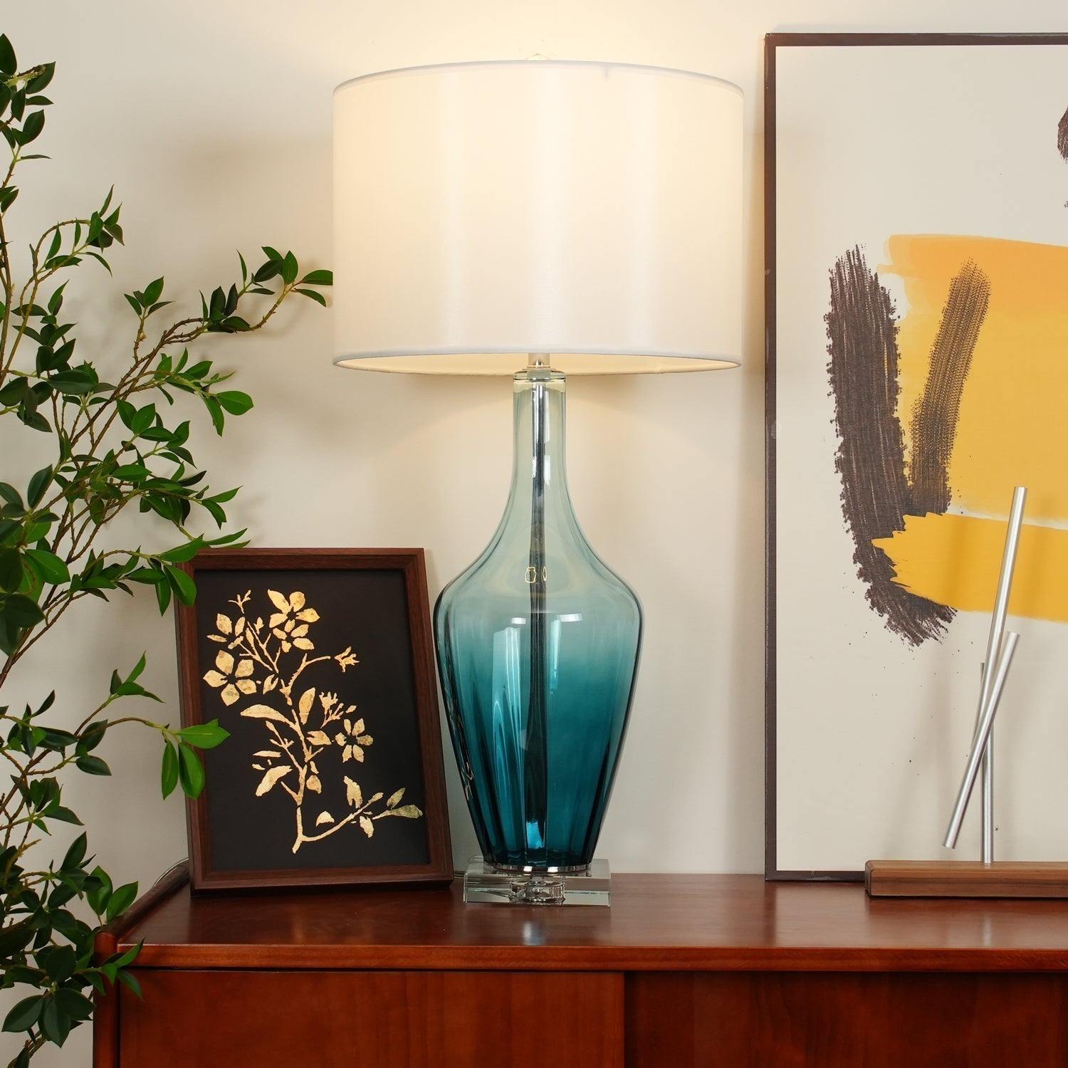 Modern Azure Blue Glass Table Lamp with Crystal Accents and Beige Linen Drum Shade