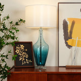Modern Azure Blue Glass Table Lamp with Crystal Accents and Beige Linen Drum Shade