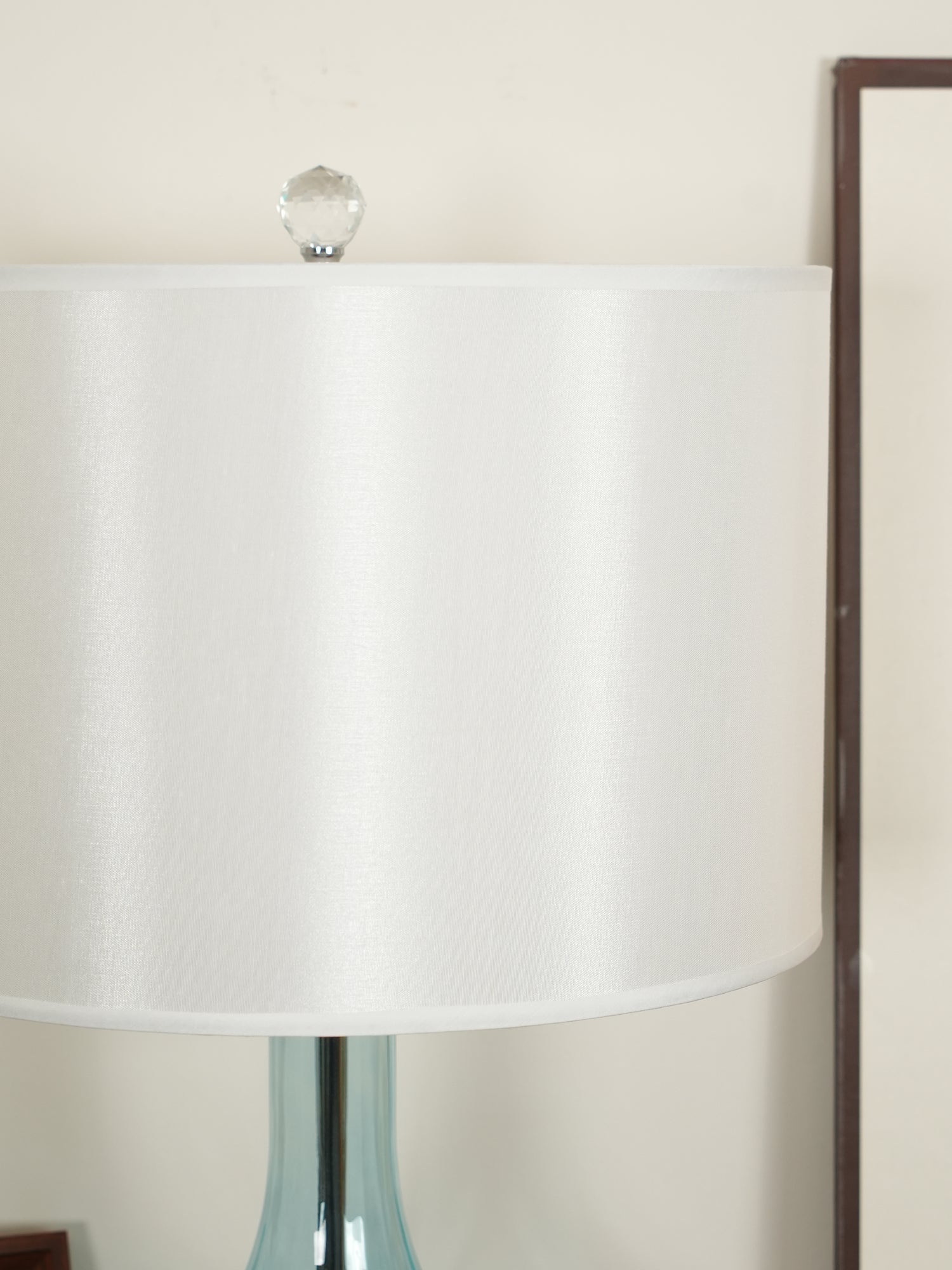 Modern Azure Blue Glass Table Lamp with Crystal Accents and Beige Linen Drum Shade