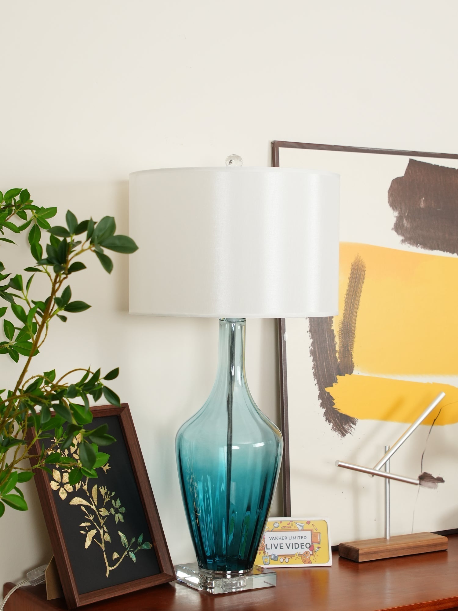 Modern Azure Blue Glass Table Lamp with Crystal Accents and Beige Linen Drum Shade