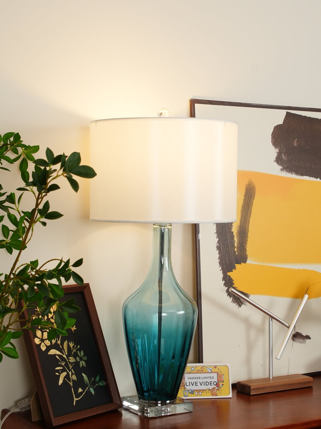 Modern Azure Blue Glass Table Lamp with Crystal Accents and Beige Linen Drum Shade
