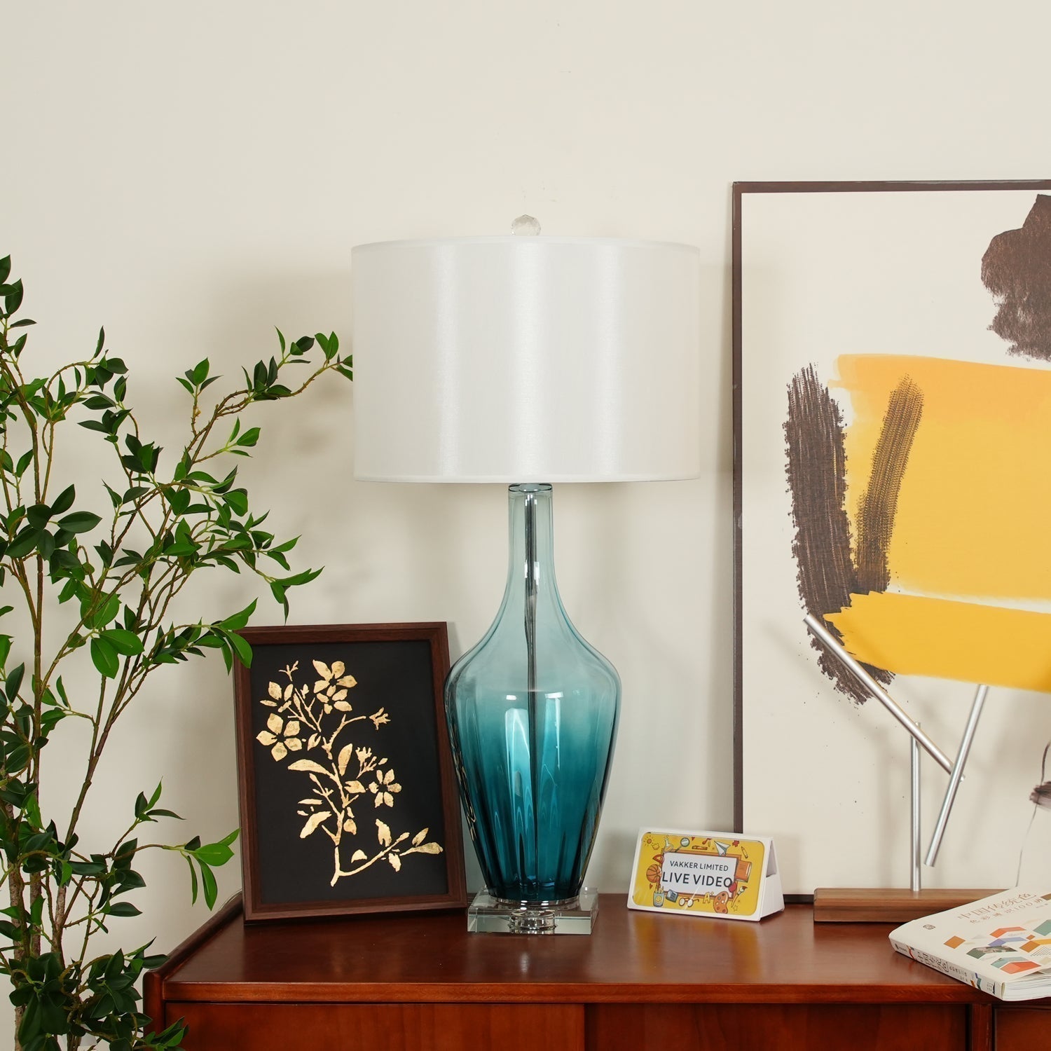 Modern Azure Blue Glass Table Lamp with Crystal Accents and Beige Linen Drum Shade