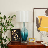 Modern Azure Blue Glass Table Lamp with Crystal Accents and Beige Linen Drum Shade