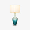 Modern Azure Blue Glass Table Lamp with Crystal Accents and Beige Linen Drum Shade