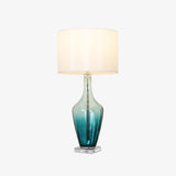 Modern Azure Blue Glass Table Lamp with Crystal Accents and Beige Linen Drum Shade