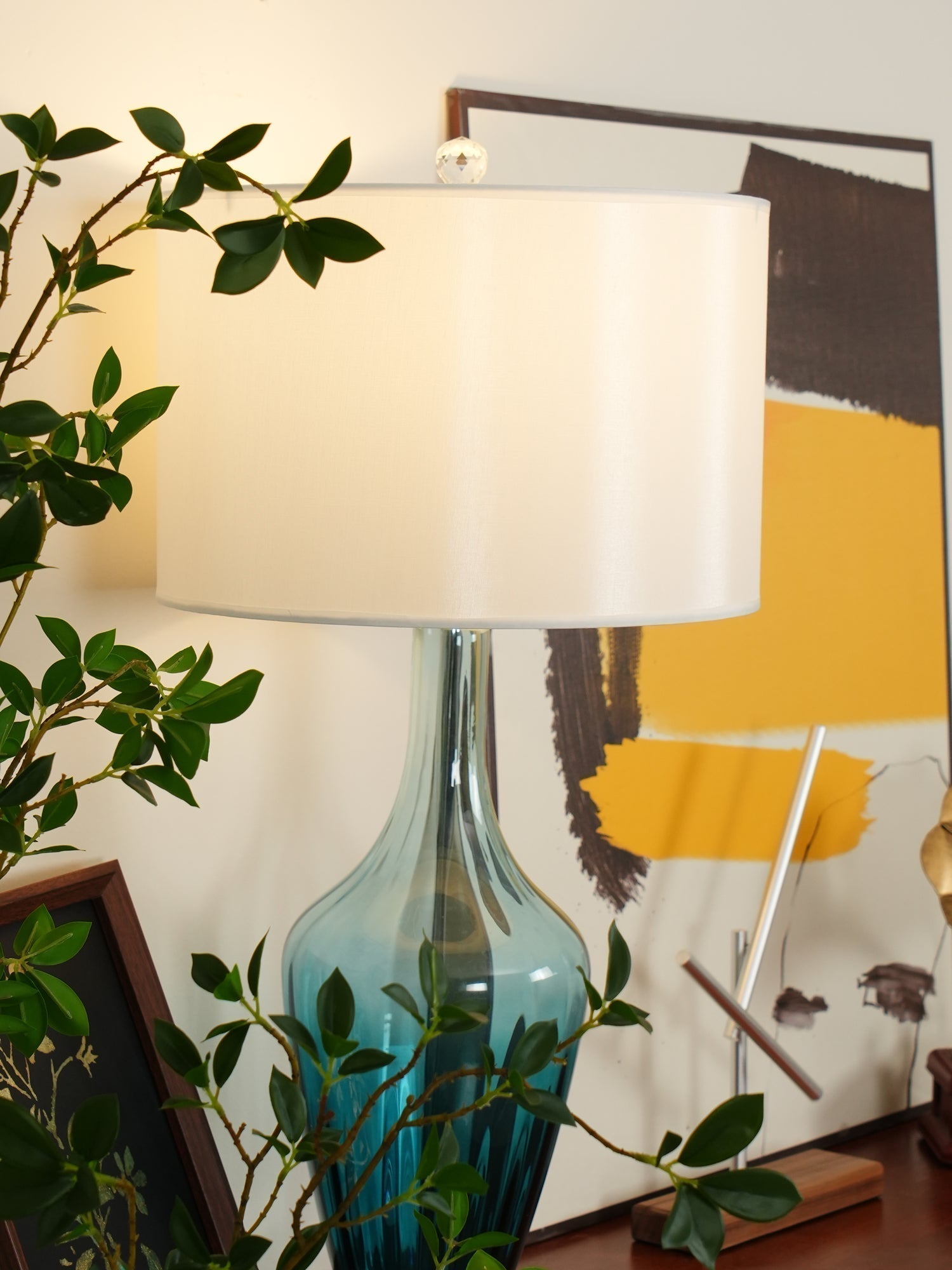 Modern Azure Blue Glass Table Lamp with Crystal Accents and Beige Linen Drum Shade
