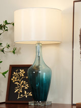 Modern Azure Blue Glass Table Lamp with Crystal Accents and Beige Linen Drum Shade