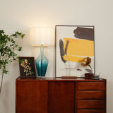 Modern Azure Blue Glass Table Lamp with Crystal Accents and Beige Linen Drum Shade