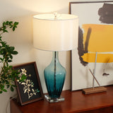 Modern Azure Blue Glass Table Lamp with Crystal Accents and Beige Linen Drum Shade