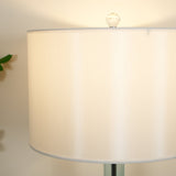 Modern Azure Blue Glass Table Lamp with Crystal Accents and Beige Linen Drum Shade
