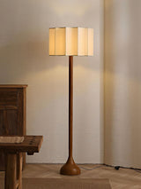 Hakka Modern Walnut Wood Standing Floor Lamp with Beige Fabric Shade