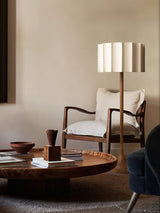 Hakka Modern Walnut Wood Standing Floor Lamp with Beige Fabric Shade
