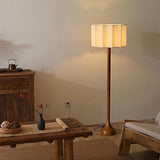 Hakka Modern Walnut Wood Standing Floor Lamp with Beige Fabric Shade