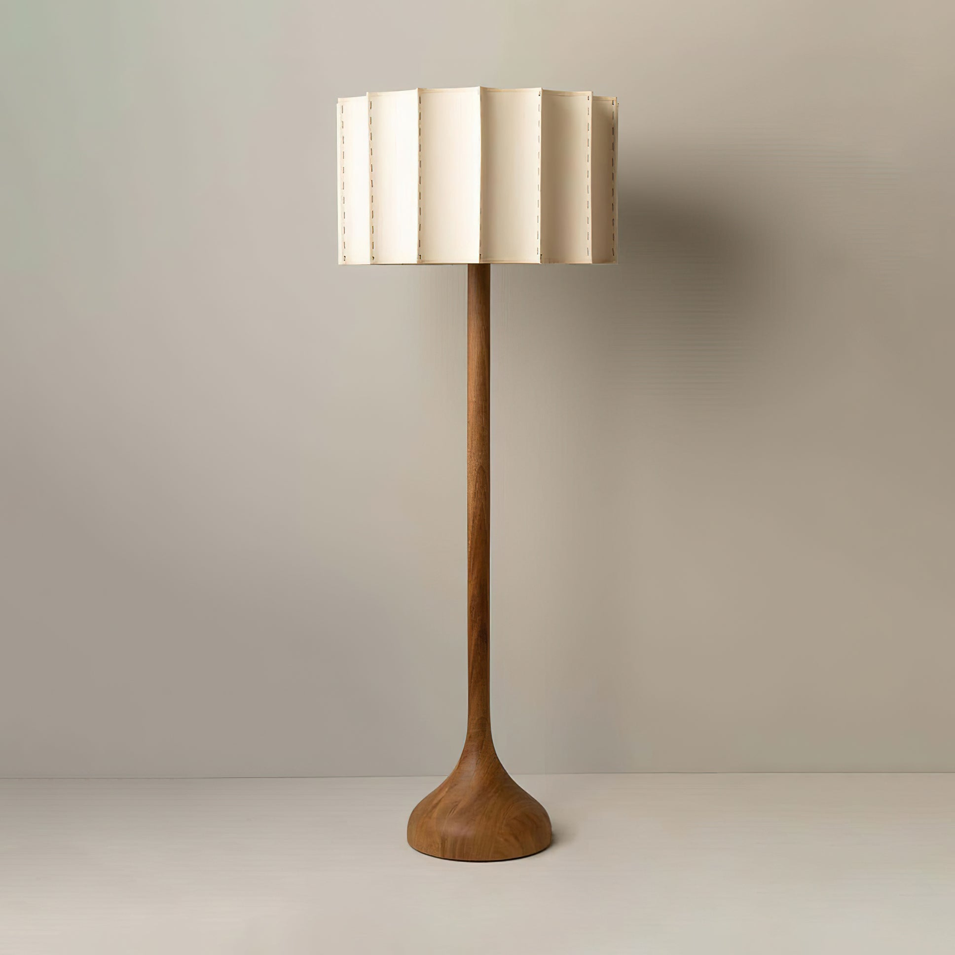 Hakka Modern Walnut Wood Standing Floor Lamp with Beige Fabric Shade