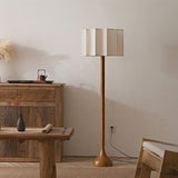 Hakka Modern Walnut Wood Standing Floor Lamp with Beige Fabric Shade