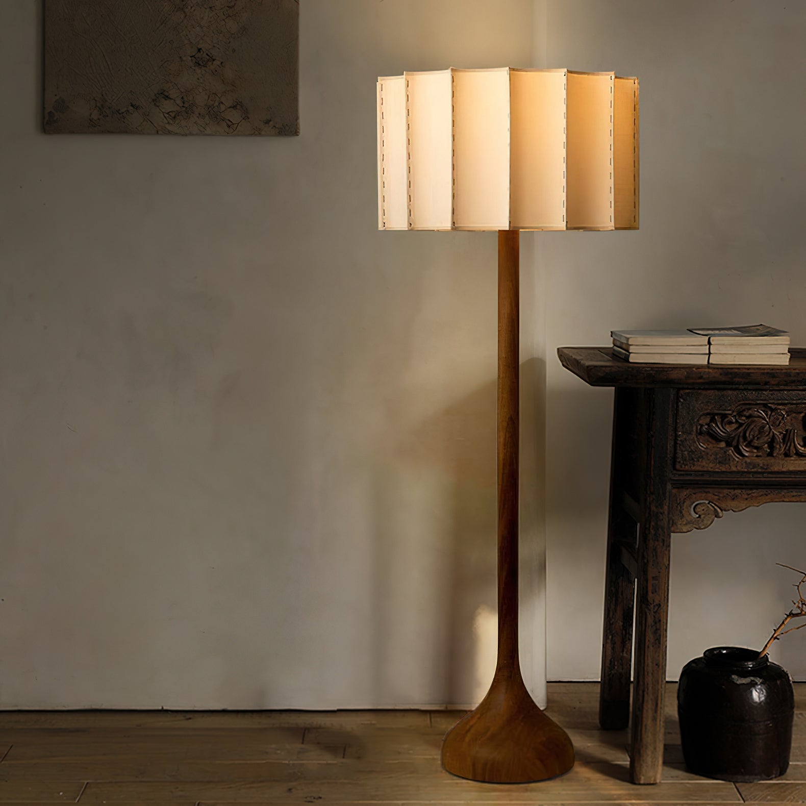 Hakka Modern Walnut Wood Standing Floor Lamp with Beige Fabric Shade