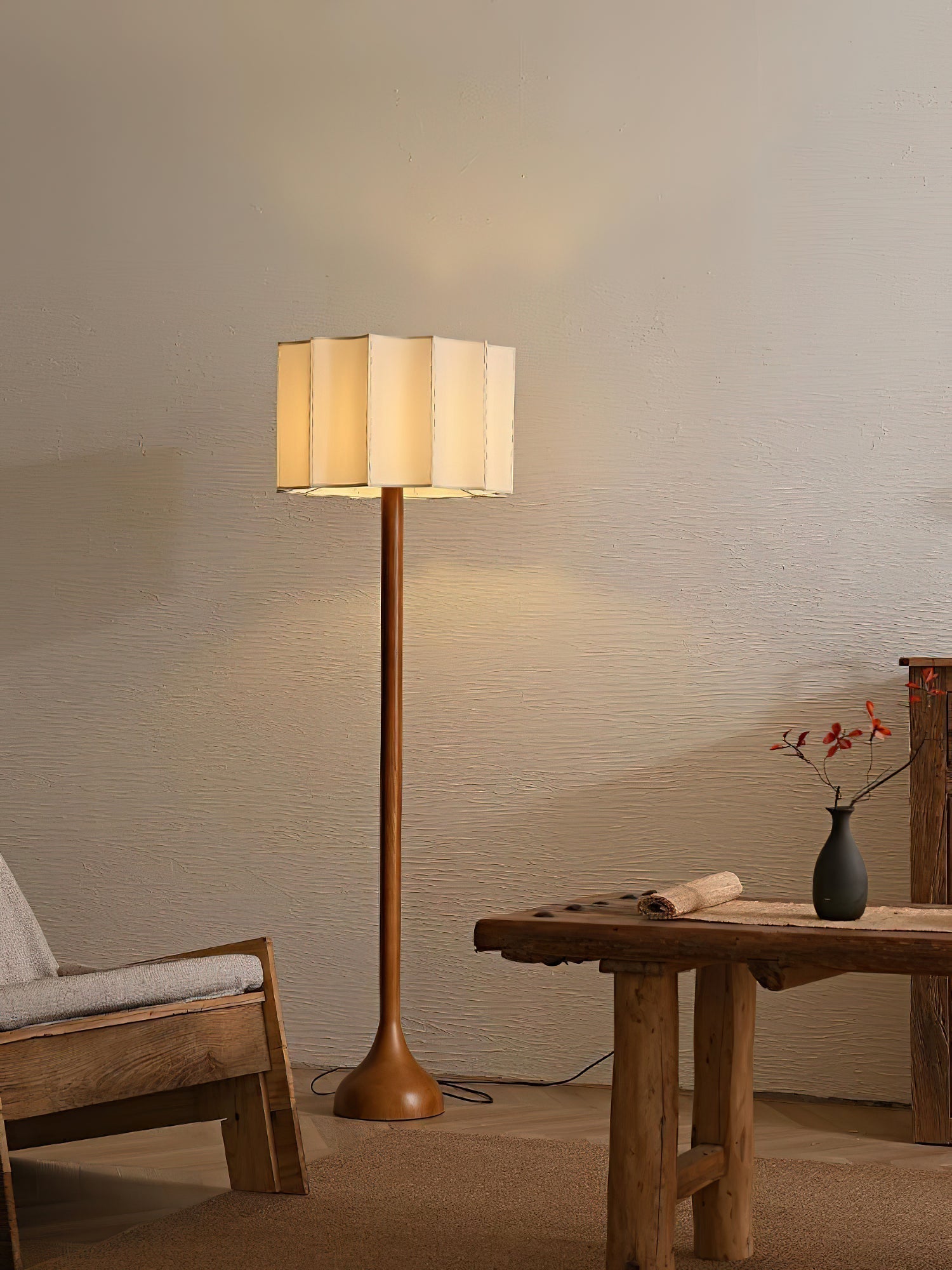 Hakka Modern Walnut Wood Standing Floor Lamp with Beige Fabric Shade