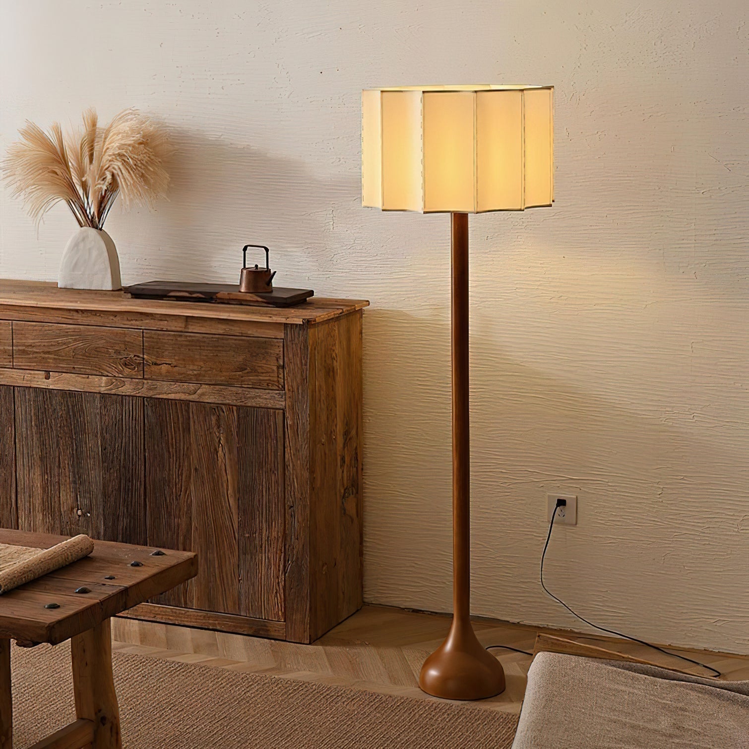Hakka Modern Walnut Wood Standing Floor Lamp with Beige Fabric Shade
