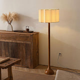 Hakka Modern Walnut Wood Standing Floor Lamp with Beige Fabric Shade