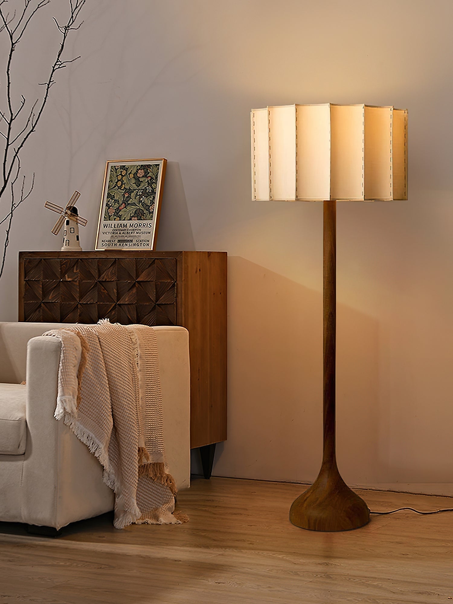 Hakka Modern Walnut Wood Standing Floor Lamp with Beige Fabric Shade