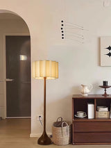 Hakka Modern Walnut Wood Standing Floor Lamp with Beige Fabric Shade