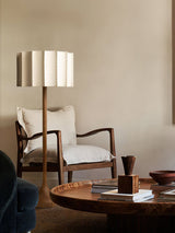 Hakka Modern Walnut Wood Standing Floor Lamp with Beige Fabric Shade