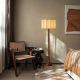 Hakka Modern Walnut Wood Standing Floor Lamp with Beige Fabric Shade