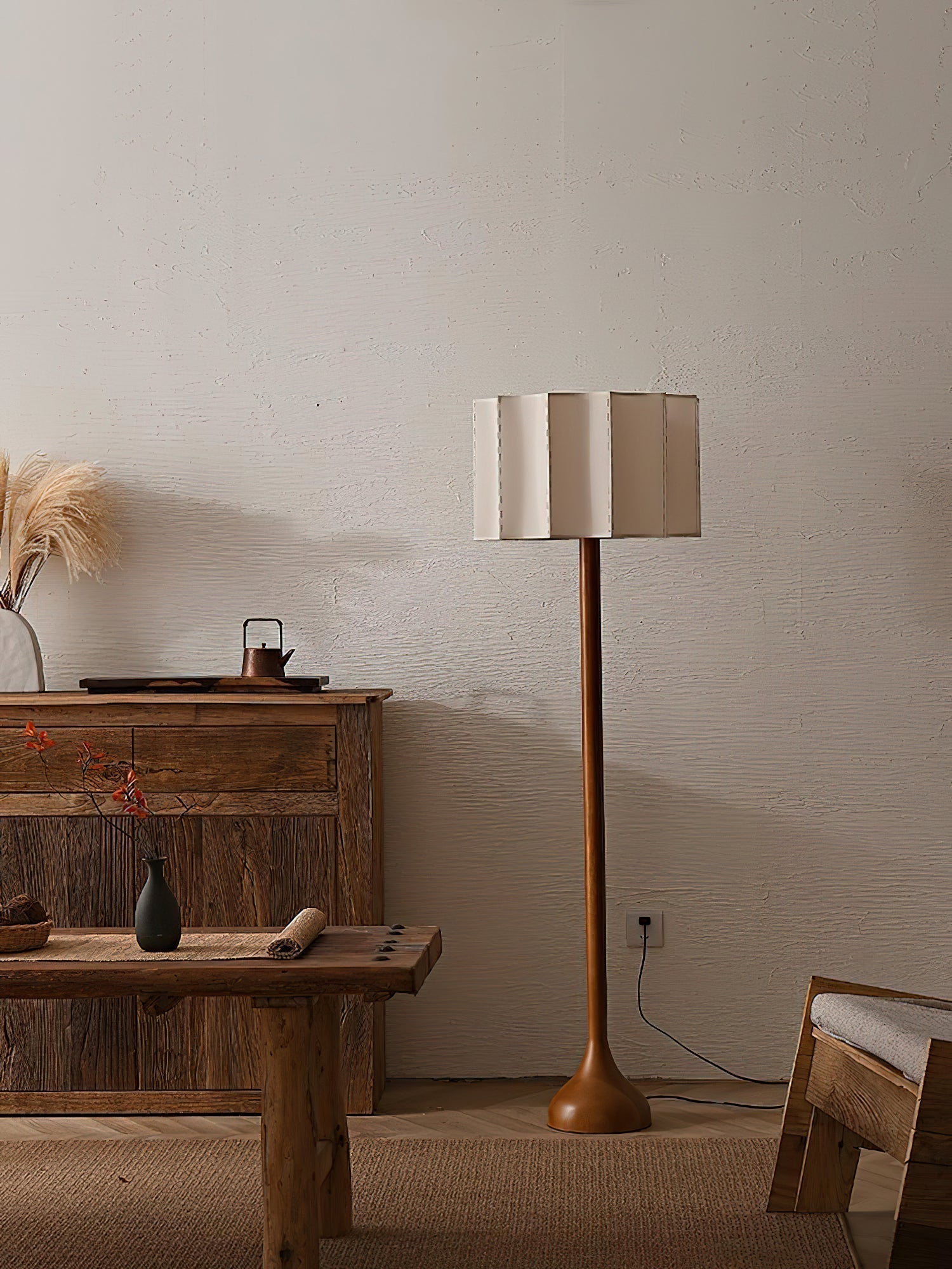 Hakka Modern Walnut Wood Standing Floor Lamp with Beige Fabric Shade