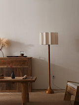 Hakka Modern Walnut Wood Standing Floor Lamp with Beige Fabric Shade