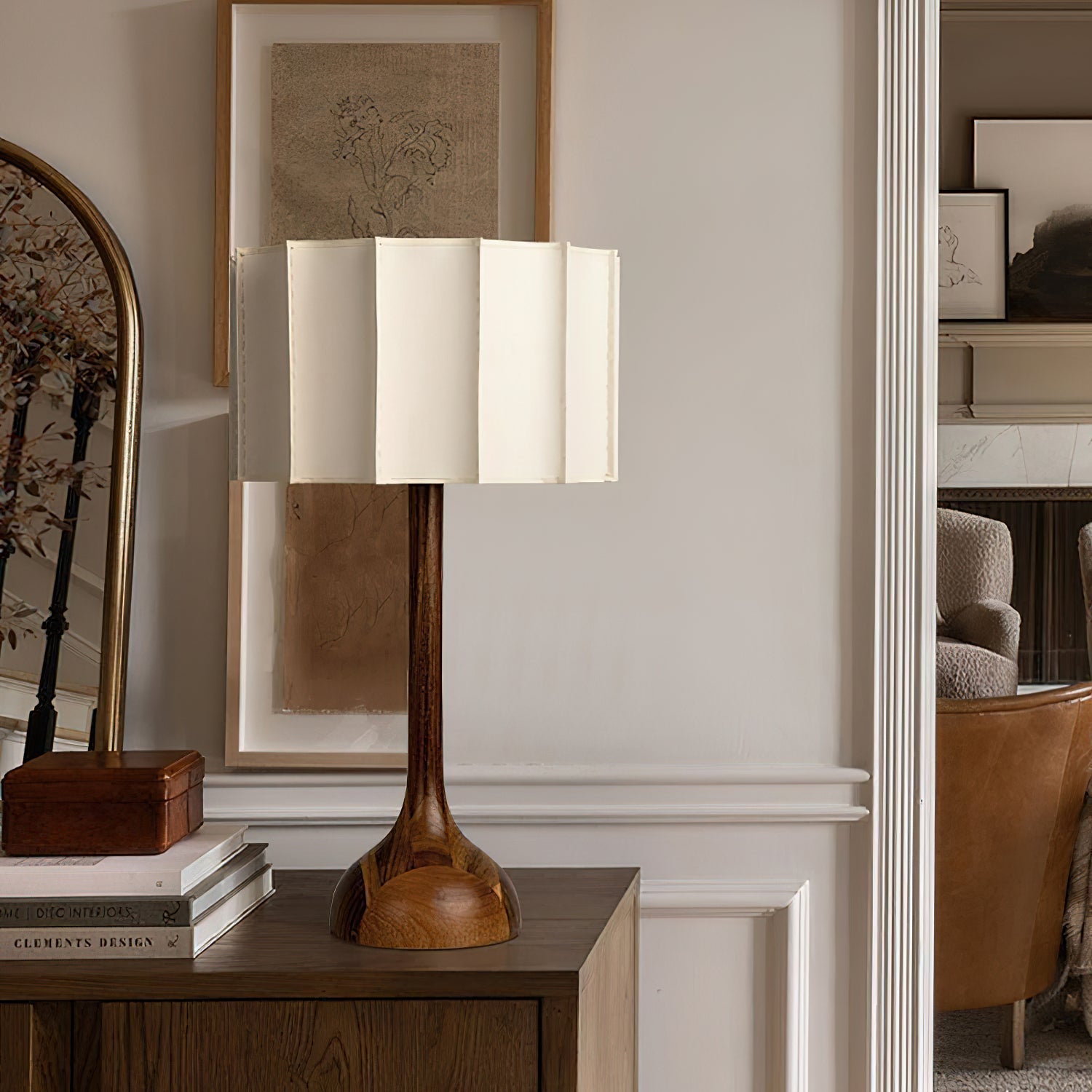 Hakka Modern Oak Wood Table Lamp with Beige Fabric Shade for Bedside Lighting