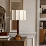 Hakka Modern Oak Wood Table Lamp with Beige Fabric Shade for Bedside Lighting