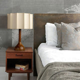 Hakka Modern Oak Wood Table Lamp with Beige Fabric Shade for Bedside Lighting