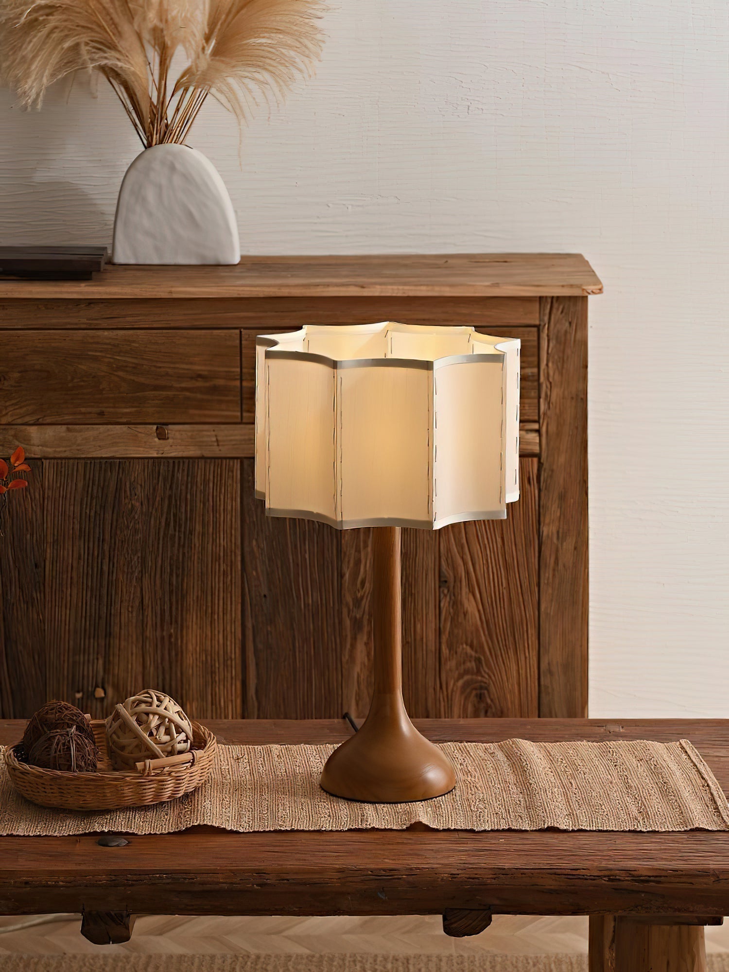Hakka Modern Oak Wood Table Lamp with Beige Fabric Shade for Bedside Lighting