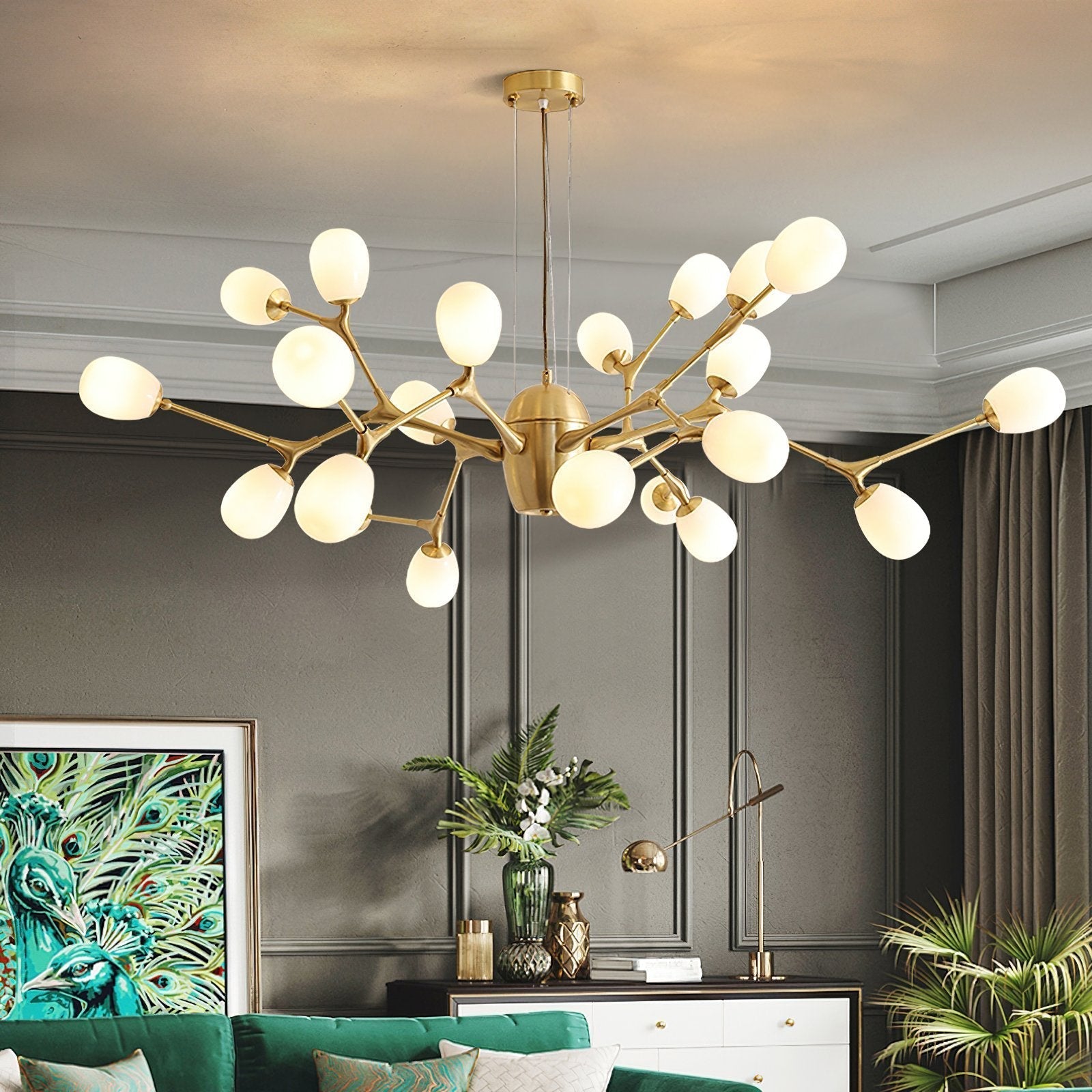 modern-brass-chandelier-with-pearl-glass-shades-and-elegant-curved-arms
