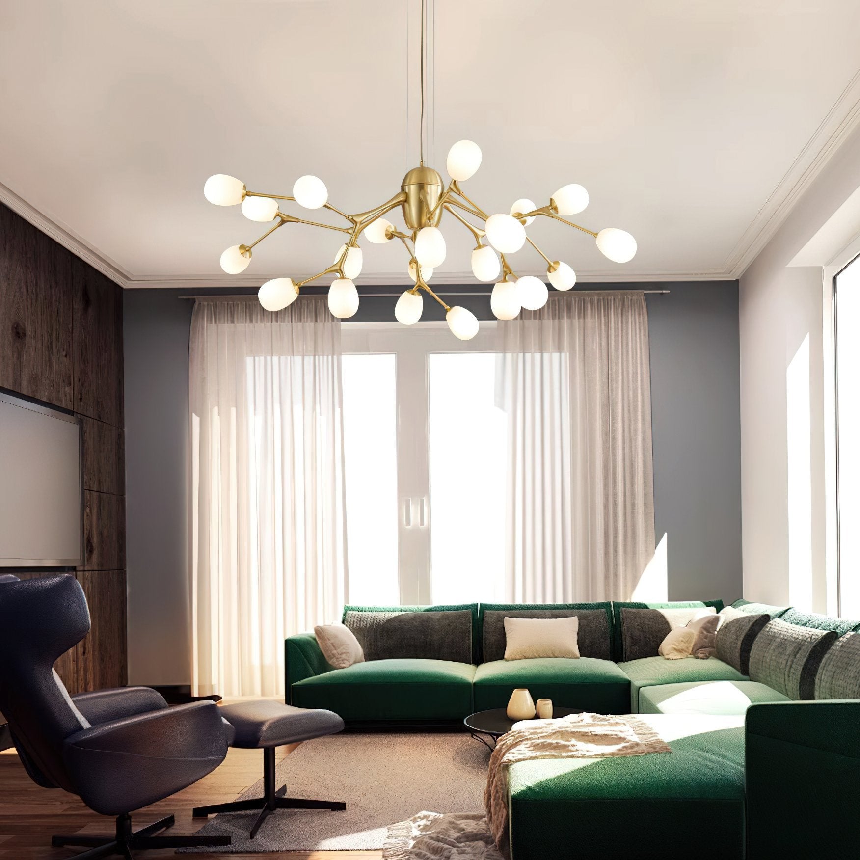 modern-brass-chandelier-with-pearl-glass-shades-and-elegant-curved-arms