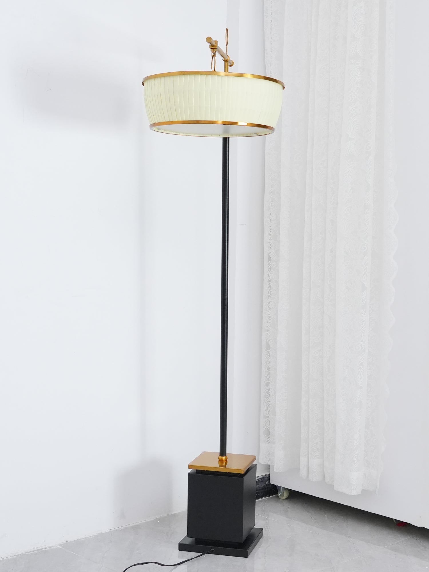 Modern Fabric Standing Floor Lamp with Iron Base and Beige Shade for Living Room