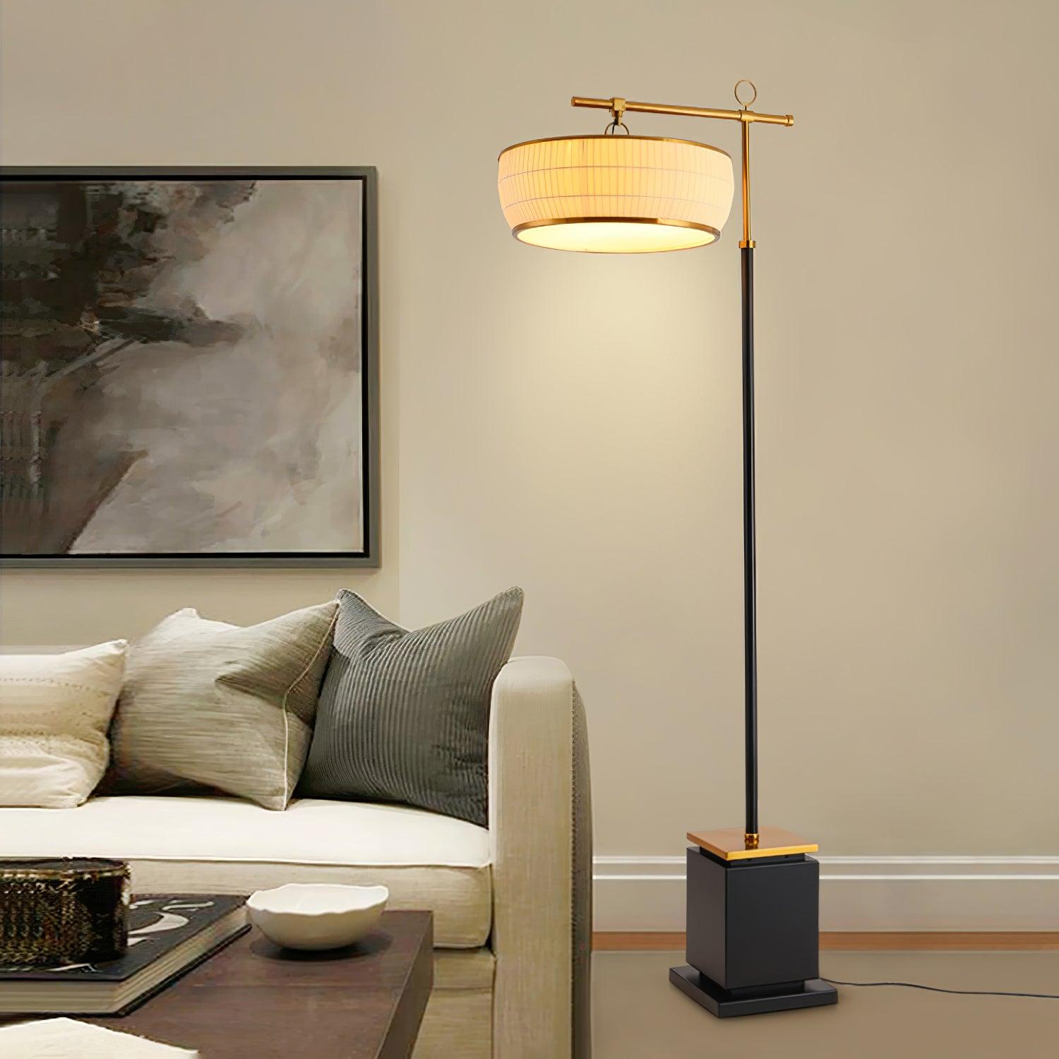 Modern Fabric Standing Floor Lamp with Iron Base and Beige Shade for Living Room