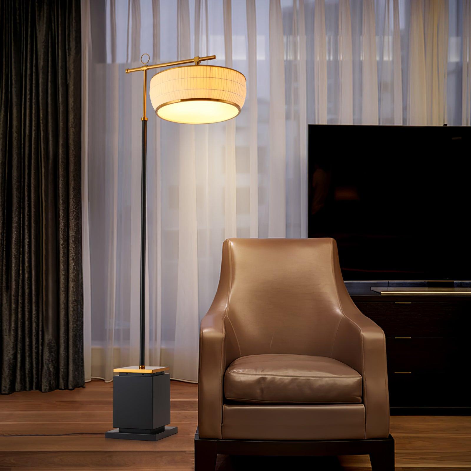 Modern Fabric Standing Floor Lamp with Iron Base and Beige Shade for Living Room