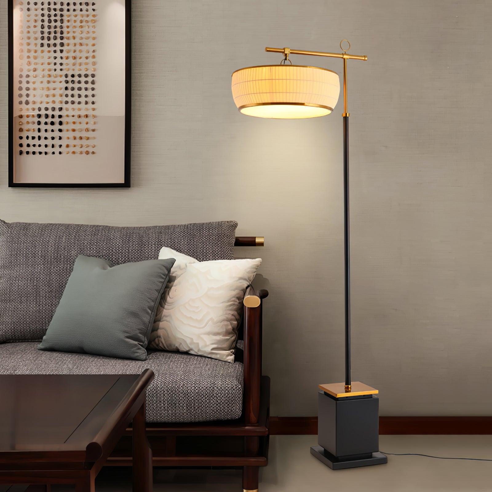 Modern Fabric Standing Floor Lamp with Iron Base and Beige Shade for Living Room