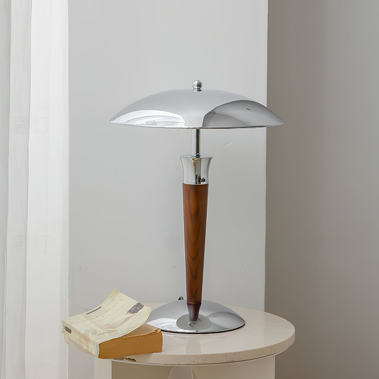 Modern Helmet Floor Lamp with Walnut Wood Base and Polished Chrome Shade