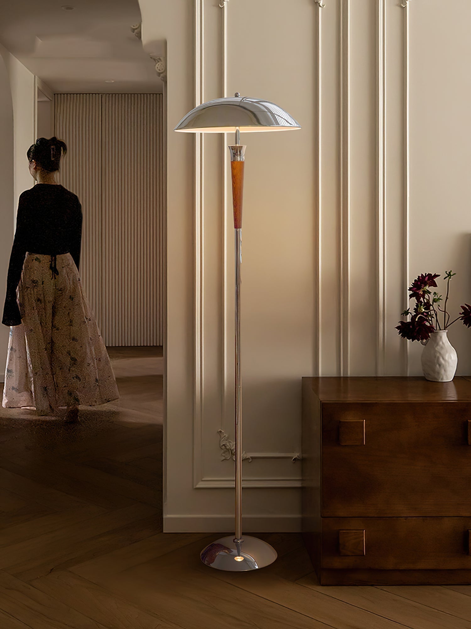 Modern Helmet Floor Lamp with Walnut Wood Base and Polished Chrome Shade
