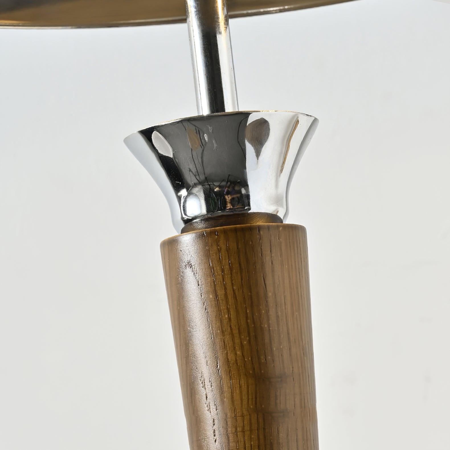 Modern Helmet Floor Lamp with Walnut Wood Base and Polished Chrome Shade