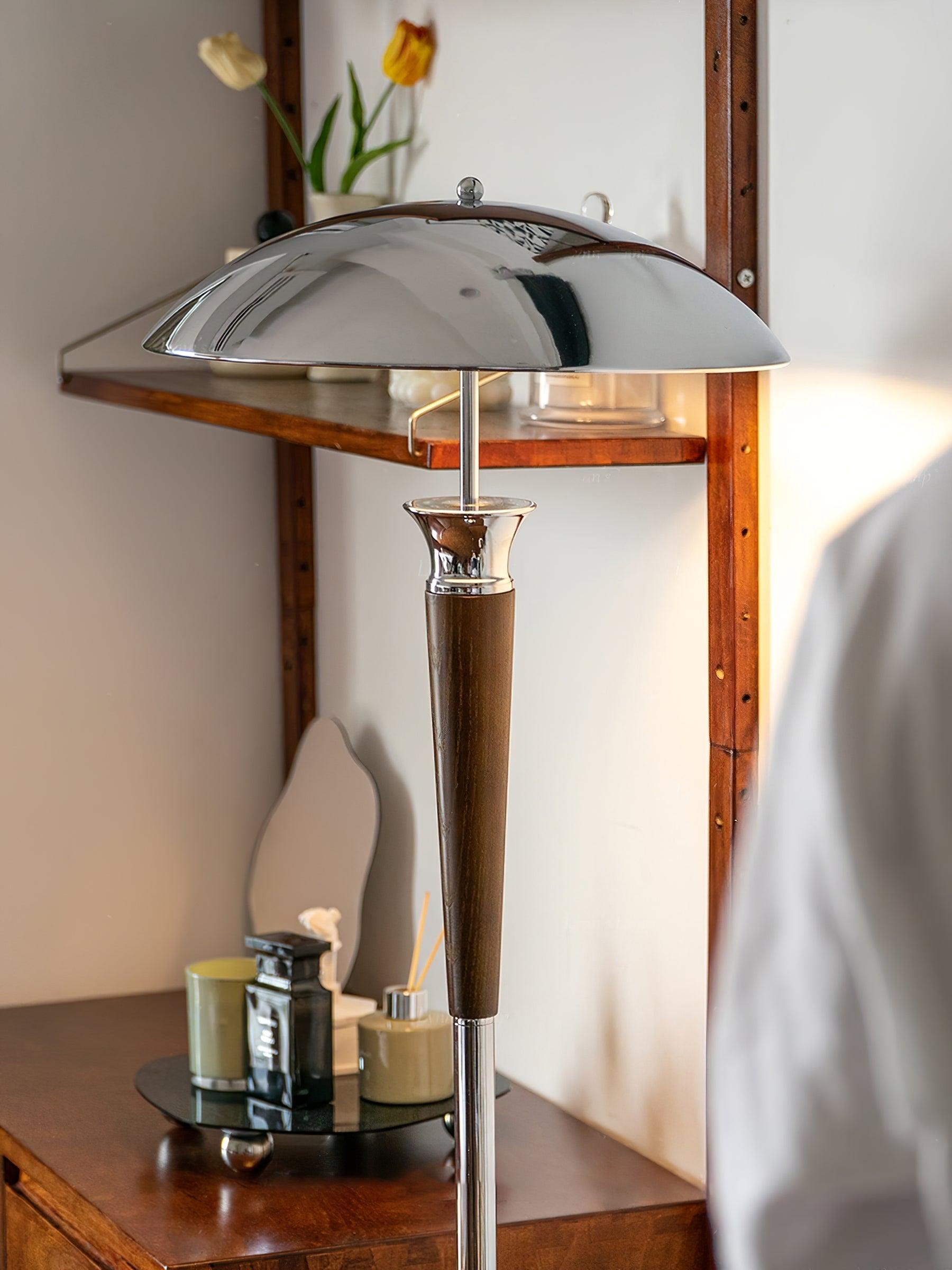 Modern Helmet Floor Lamp with Walnut Wood Base and Polished Chrome Shade