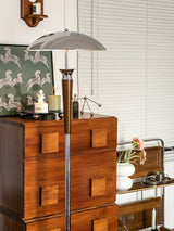 Modern Helmet Floor Lamp with Walnut Wood Base and Polished Chrome Shade