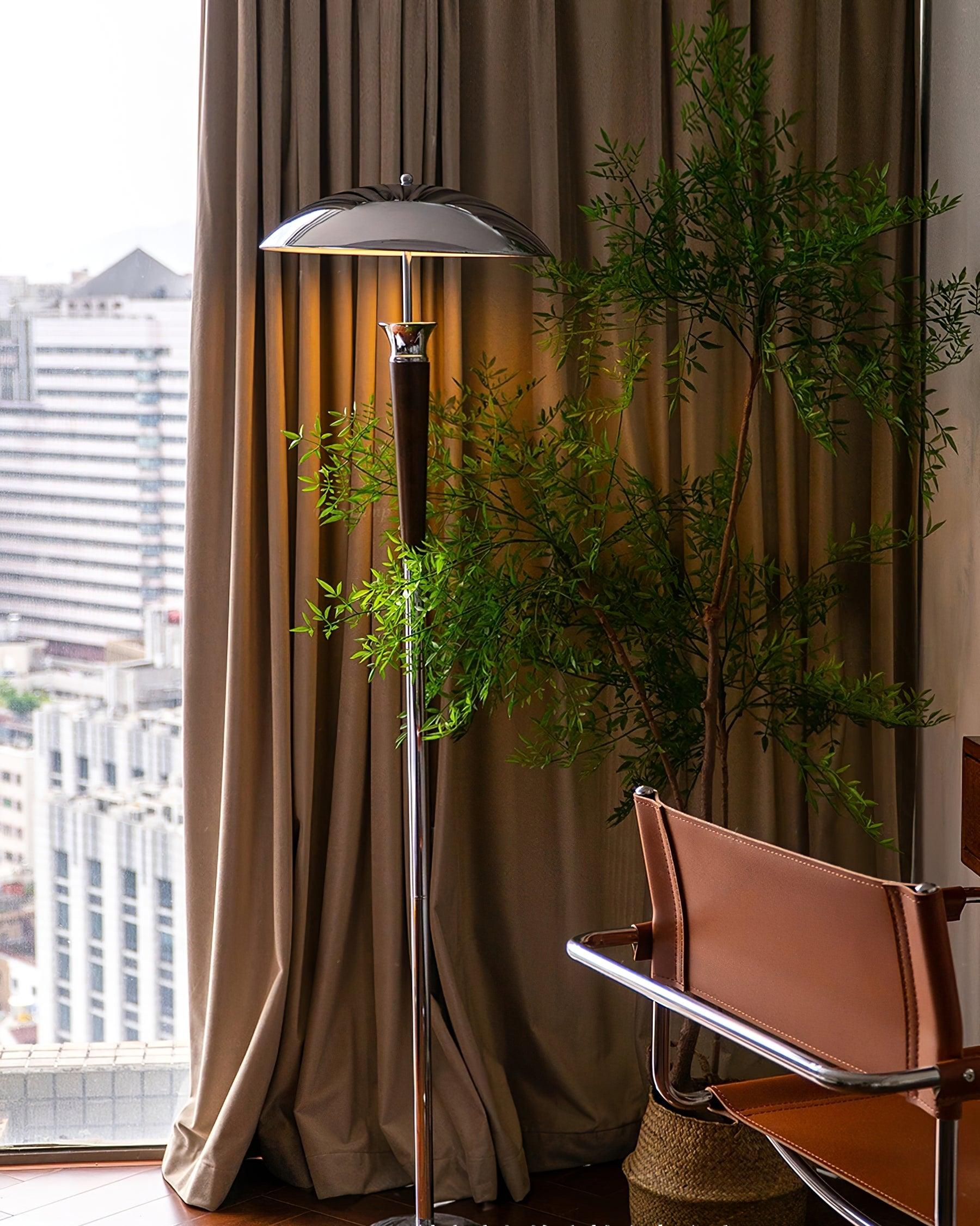 Modern Helmet Floor Lamp with Walnut Wood Base and Polished Chrome Shade