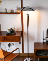 Modern Helmet Floor Lamp with Walnut Wood Base and Polished Chrome Shade